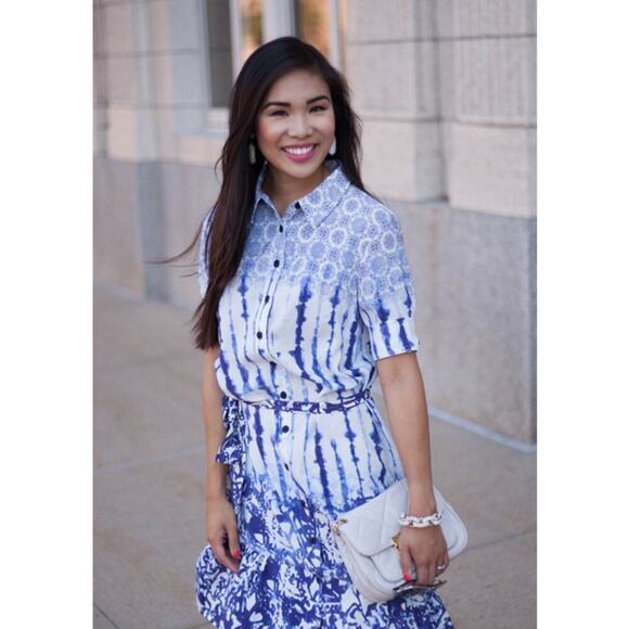 Peter Som Splatter Belted Shirt Dress Blue Combo Size 8 - Picture 3 of 9